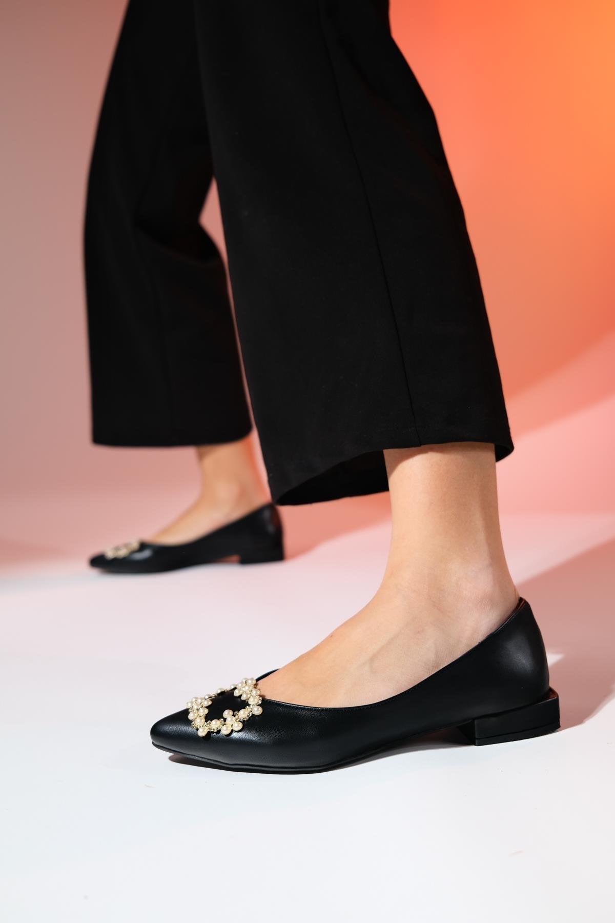 Ghent - Black Pearl Embellished Ballet Flat – back view showing pearl, leather, black, Vowalisse