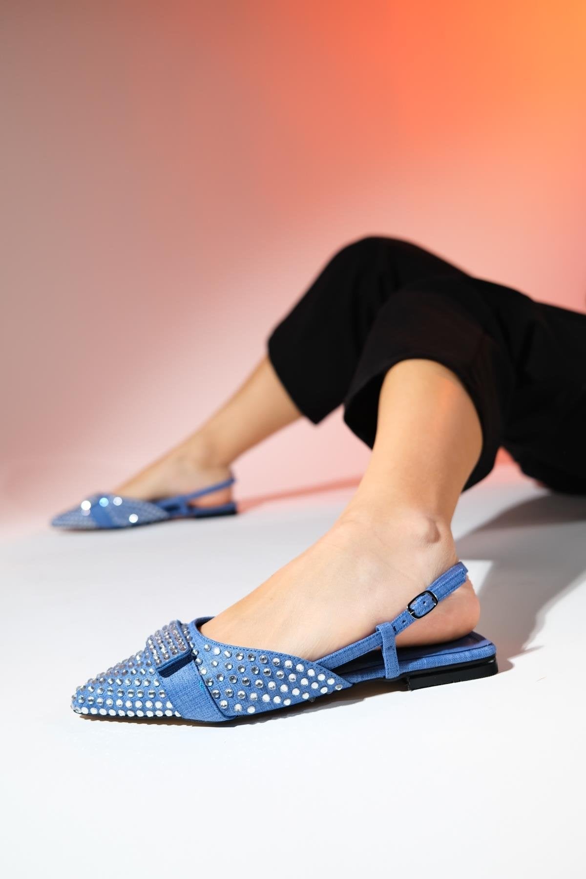 Kelp - Denim Blue Flat Sandal – side view showing leather, blue, Vowalisse