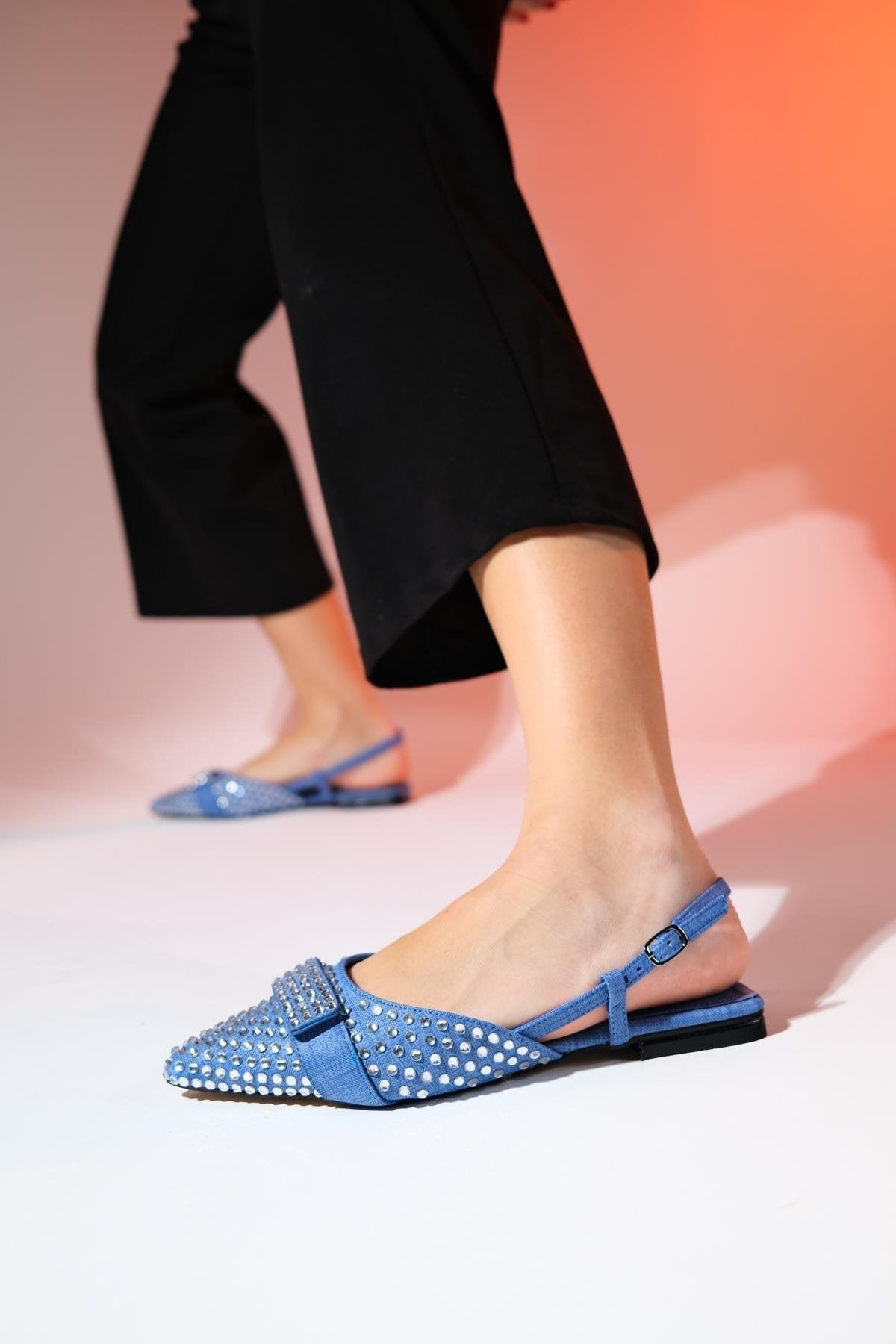 Kelp - Denim Blue Flat Sandal – back view showing leather, blue, Vowalisse