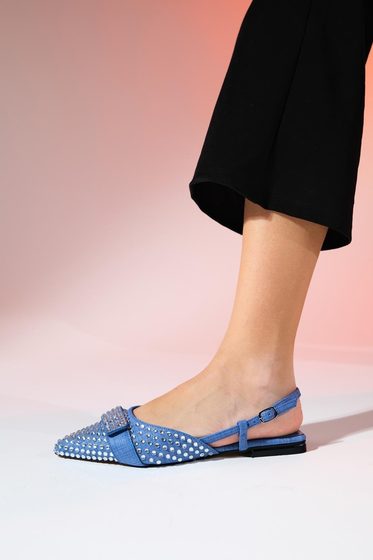 Kelp - Denim Blue Flat Sandal – top view showing leather, blue, Vowalisse