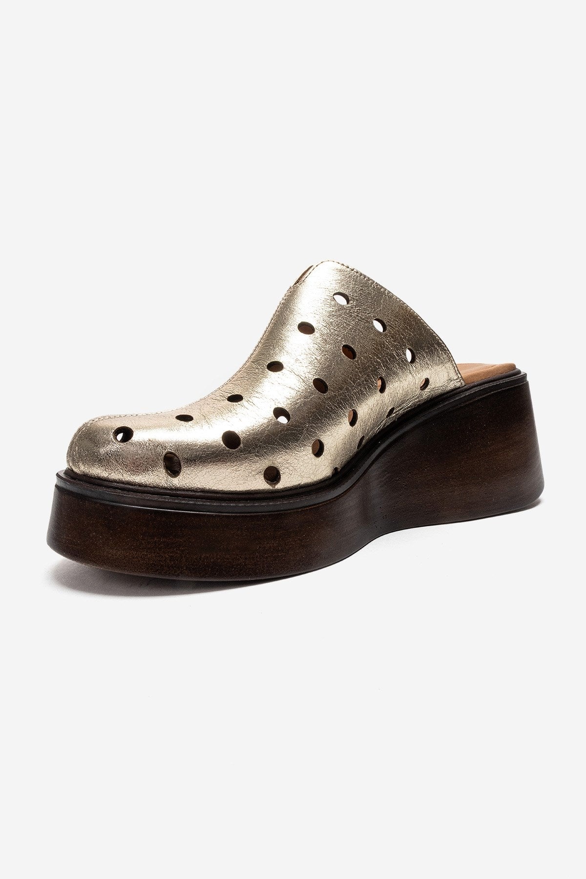 NIVES - Gold Genuine Leather Wedge Sandal – top view showing leather, gold, Vowalisse