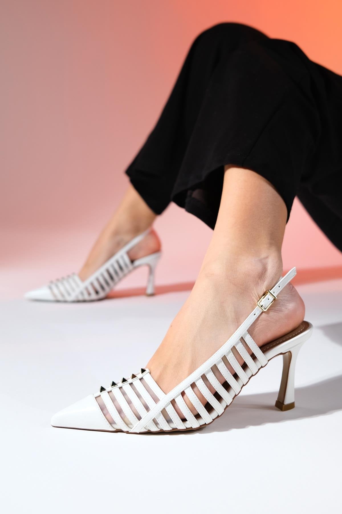 Rennes - White Pointed Toe Strappy Stiletto – front three-quarter view showing leather, white, Vowalisse