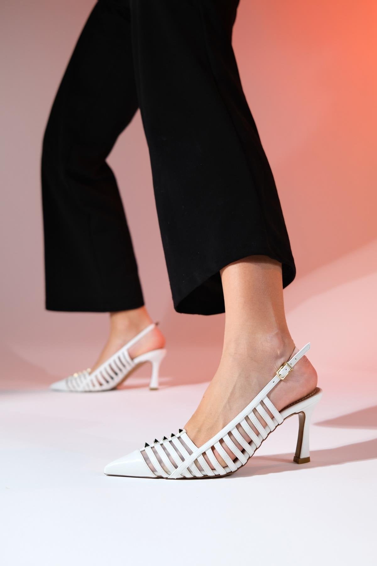 Rennes - White Pointed Toe Strappy Stiletto – detail view showing leather, white, Vowalisse