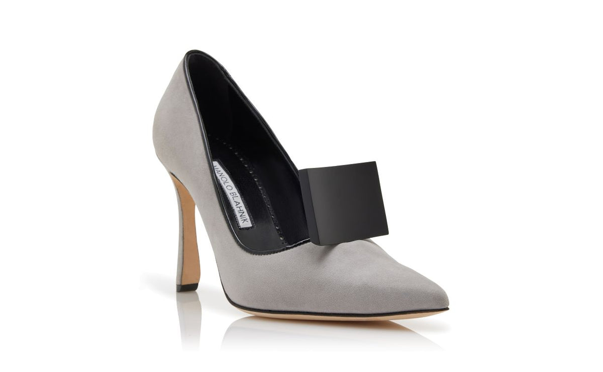 Anastasia Star Grey Pointed Toe Pumps – top view showing grey pointed toe, suede, patent leather, Vowalisse
