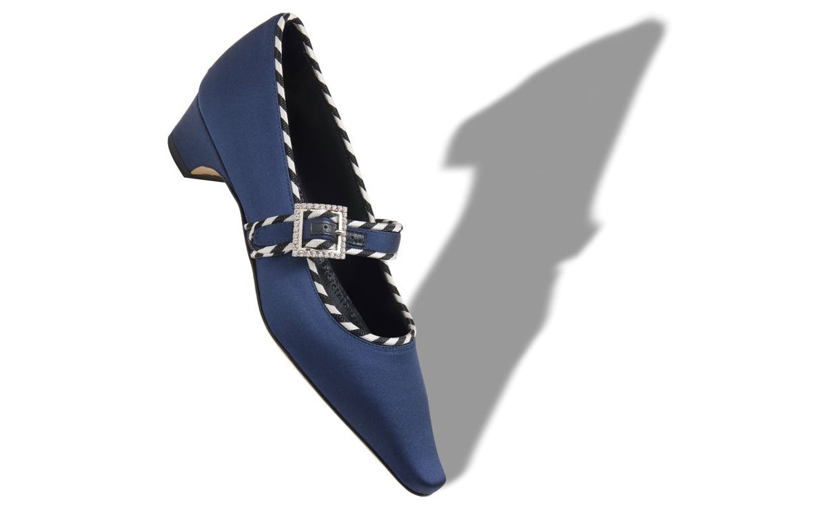 Clarisse Jewel Blue Crystal Embellished Mary Jane Shoes – front three-quarter view showing blue crystal embellished, almond…