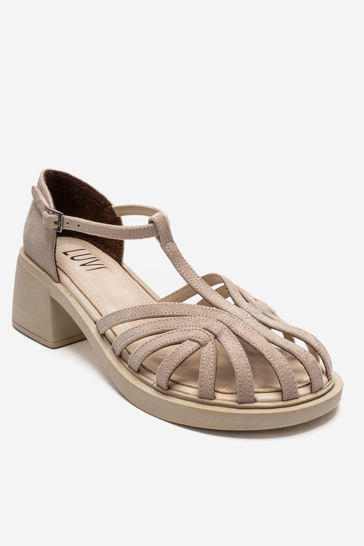 NOLANA - Beige Block Heel Sandal – detail view showing leather, suede, Vowalisse
