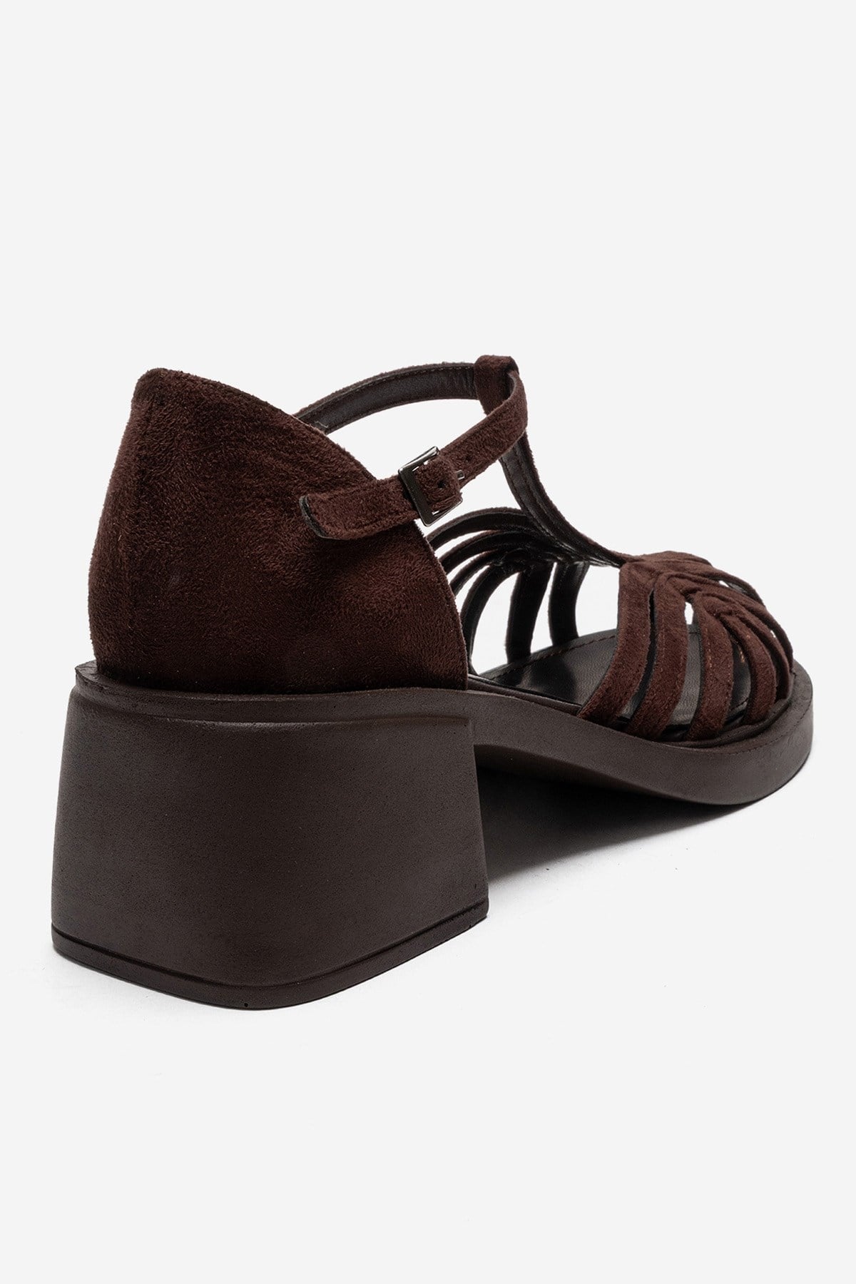 NOLANA - Brown Block Heel Sandal – back view showing leather, suede, Vowalisse