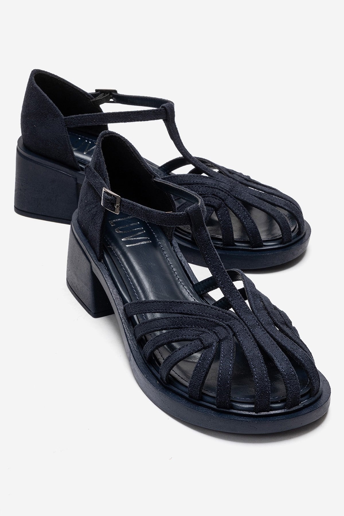 NOLANA - Navy Block Heel Sandal – front three-quarter view showing leather, suede, Vowalisse
