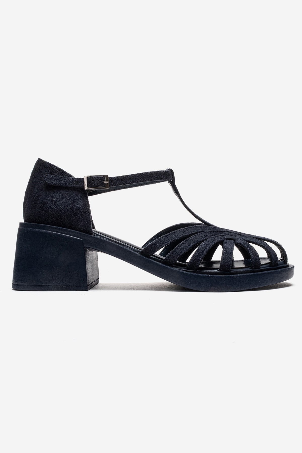 NOLANA - Navy Block Heel Sandal – heel view showing leather, suede, Vowalisse