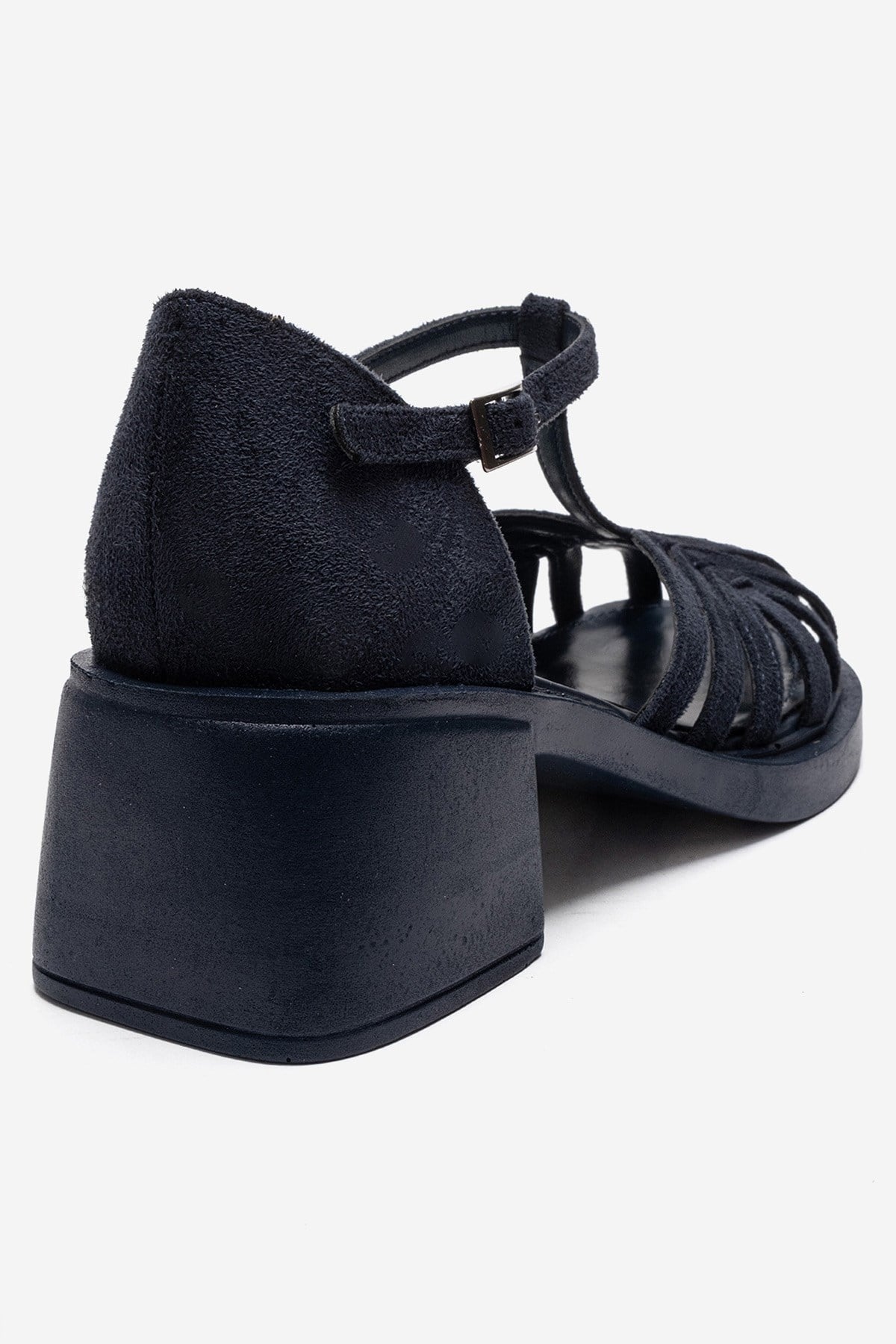 NOLANA - Navy Block Heel Sandal – back view showing leather, suede, Vowalisse