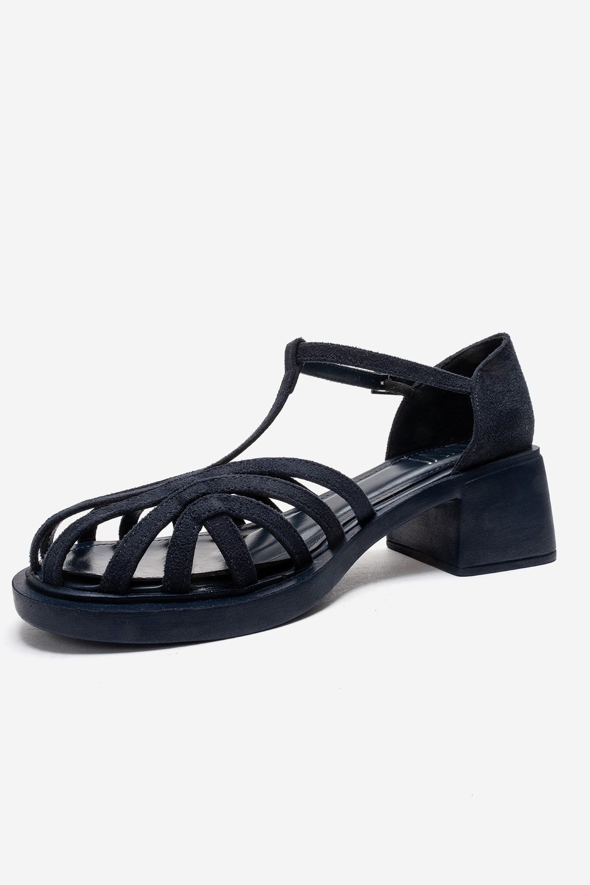 NOLANA - Navy Block Heel Sandal – top view showing leather, suede, Vowalisse