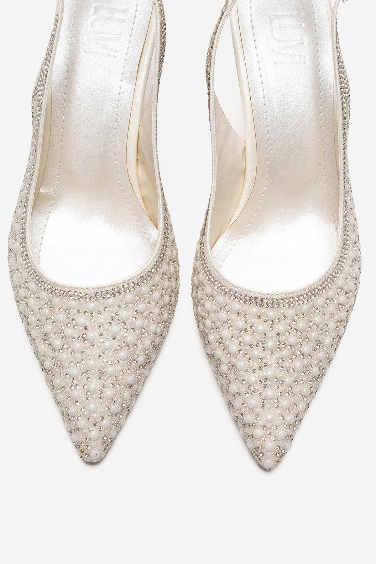 LINNEA - Off-White Stiletto Pump – side view showing pearl, crystal, leather, Vowalisse