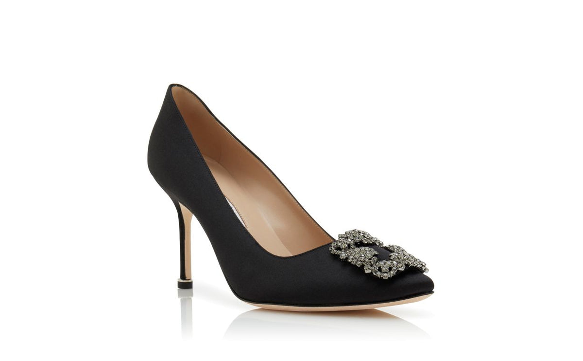 Marielle Crown Black Jewel Buckle Pumps – top view showing black jewel buckle, crystal buckle, almond toe, satin, Vowalisse