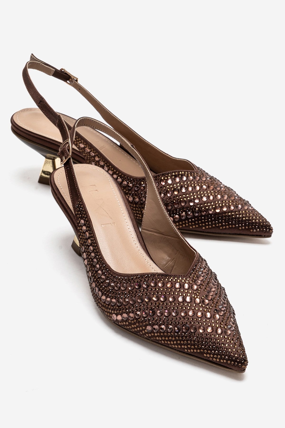 ROYALE - Brown Satin Stone-Embellished Kitten Heel Evening Shoe – front three-quarter view showing satin, leather…