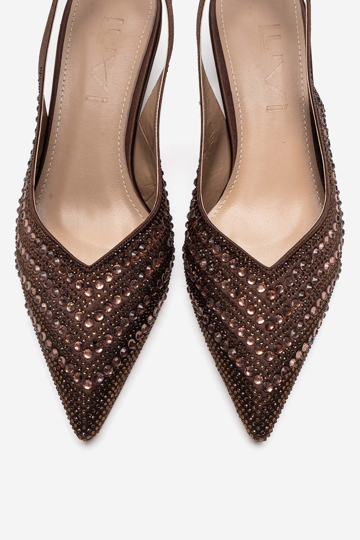 ROYALE - Brown Satin Stone-Embellished Kitten Heel Evening Shoe – side view showing satin, leather, Vowalisse