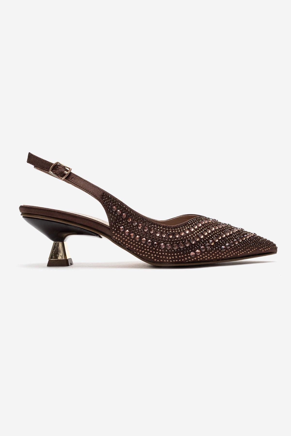 ROYALE - Brown Satin Stone-Embellished Kitten Heel Evening Shoe – heel view showing satin, leather, Vowalisse