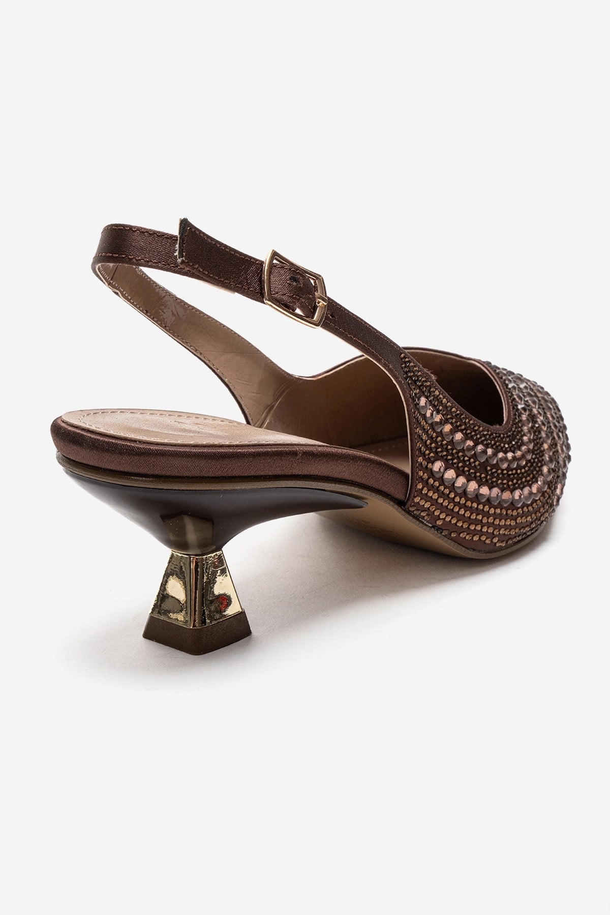 ROYALE - Brown Satin Stone-Embellished Kitten Heel Evening Shoe – back view showing satin, leather, Vowalisse