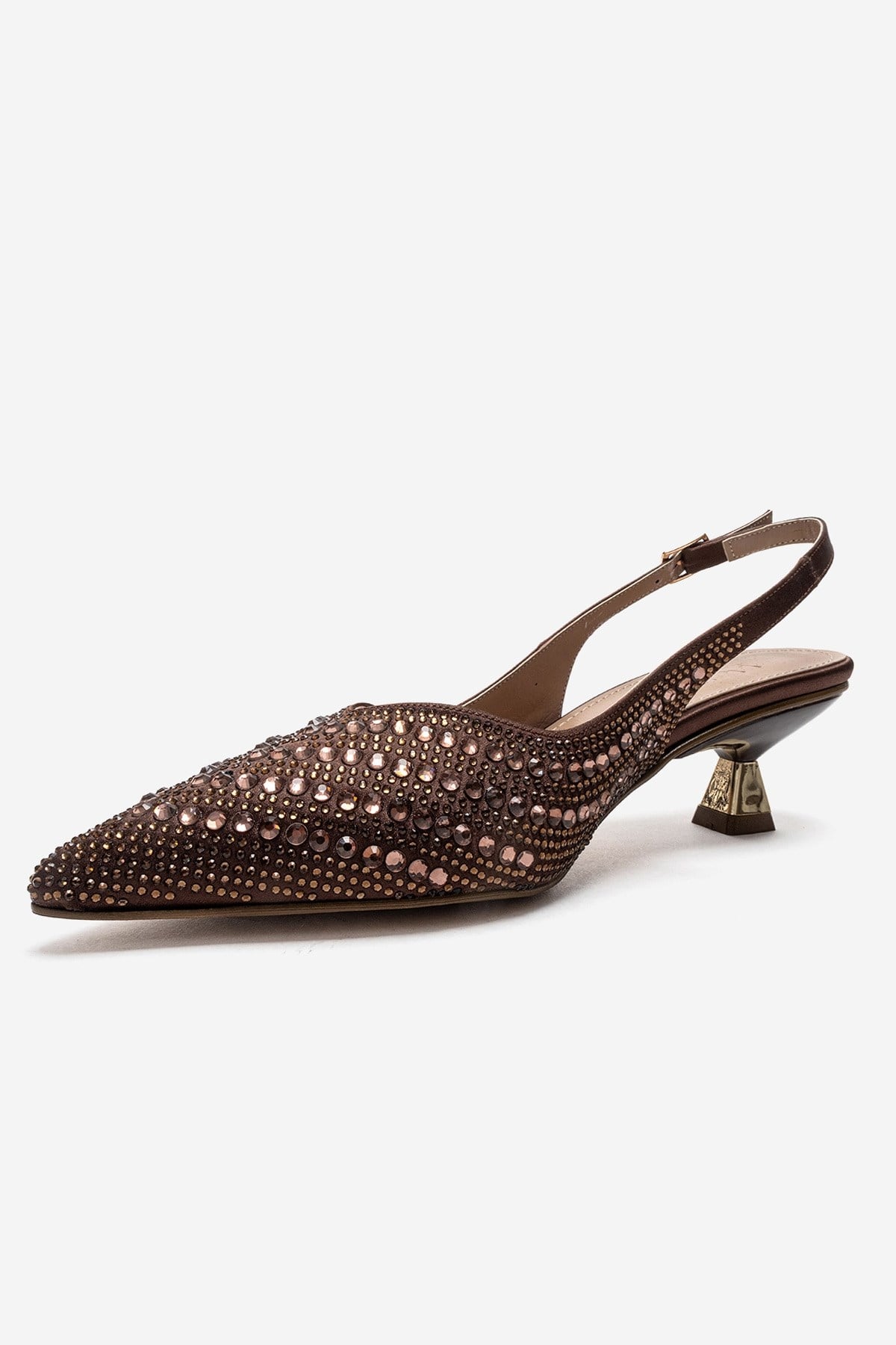 ROYALE - Brown Satin Stone-Embellished Kitten Heel Evening Shoe – top view showing satin, leather, Vowalisse