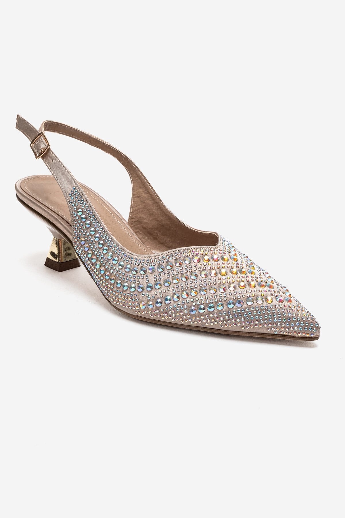 ROYALE - Beige Satin Stone-Embellished Kitten Heel Evening Shoe – detail view showing satin, leather, Vowalisse