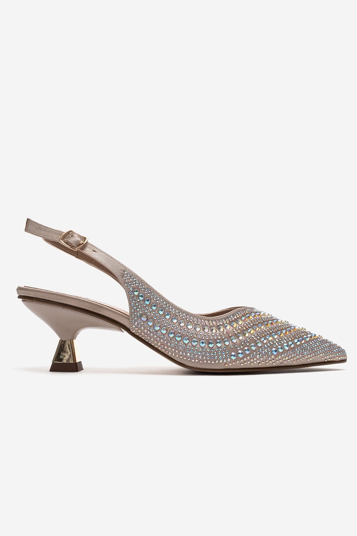ROYALE - Beige Satin Stone-Embellished Kitten Heel Evening Shoe – heel view showing satin, leather, Vowalisse