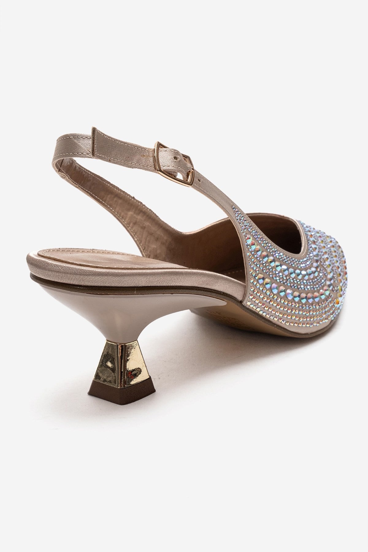 ROYALE - Beige Satin Stone-Embellished Kitten Heel Evening Shoe – back view showing satin, leather, Vowalisse