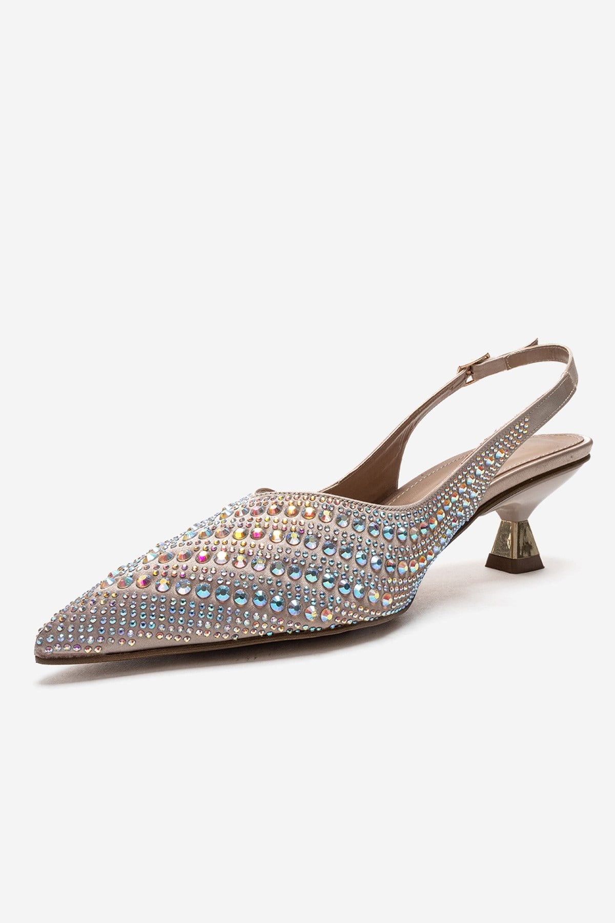 ROYALE - Beige Satin Stone-Embellished Kitten Heel Evening Shoe – top view showing satin, leather, Vowalisse