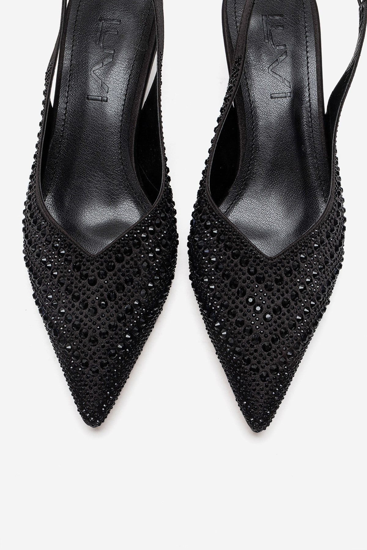 ROYALE - Black Satin Stone-Embellished Kitten Heel Evening Shoe – side view showing satin, leather, black, Vowalisse