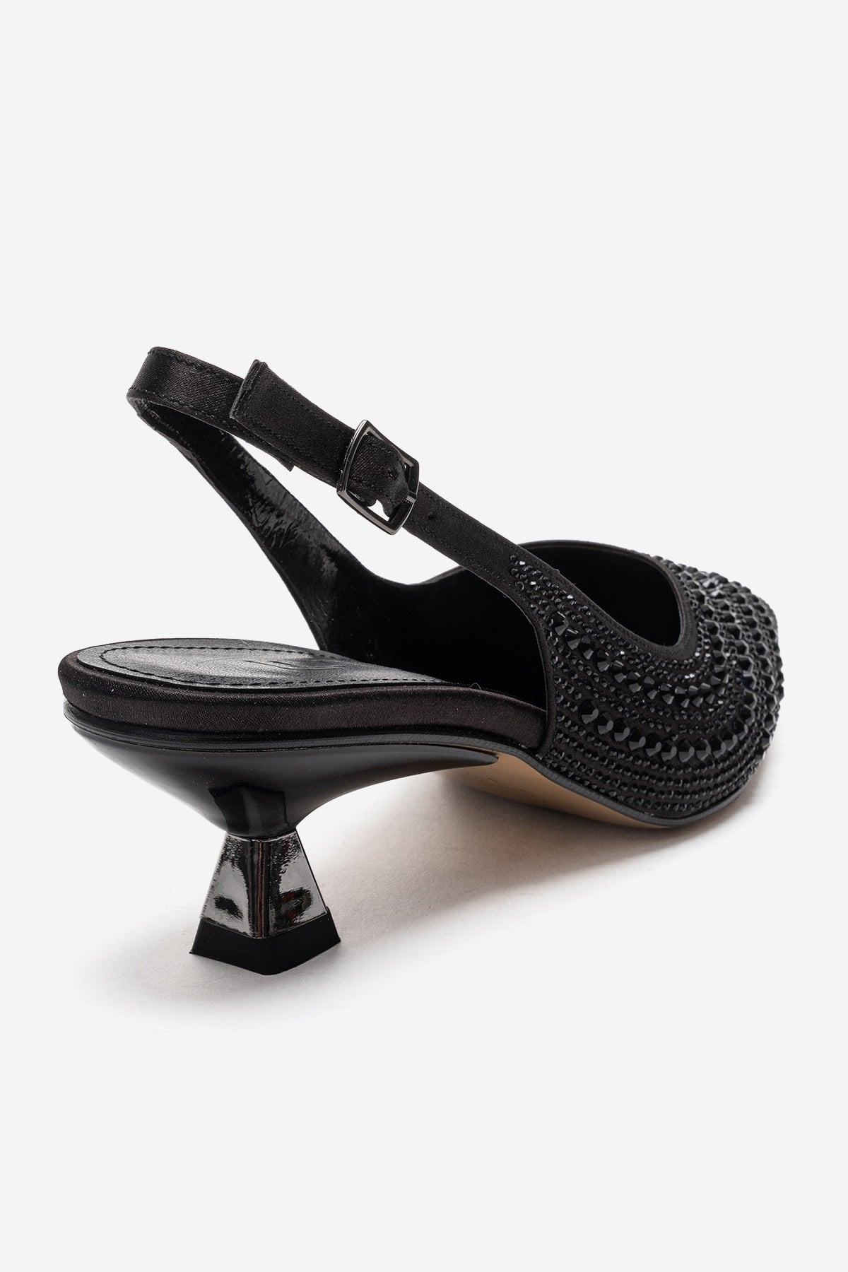 ROYALE - Black Satin Stone-Embellished Kitten Heel Evening Shoe – back view showing satin, leather, black, Vowalisse