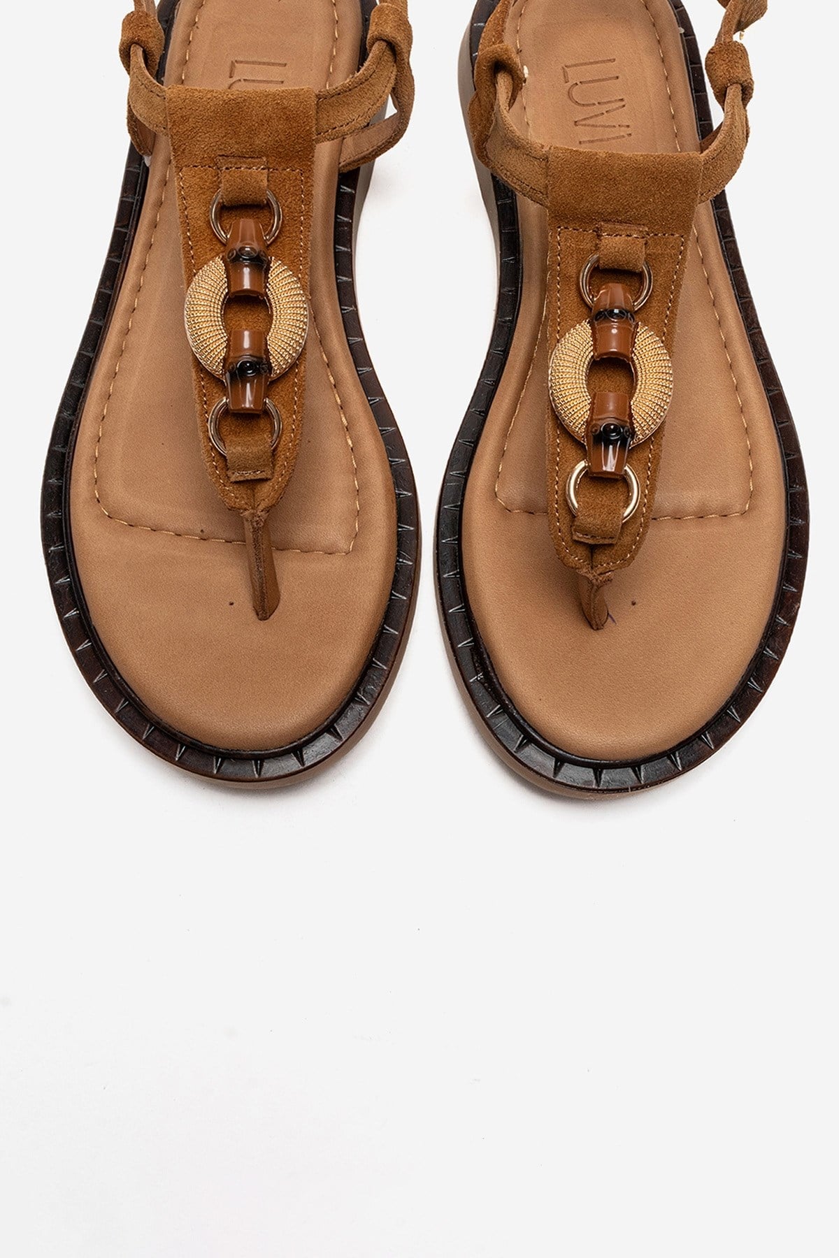 TIANA - Cognac Genuine Leather Buckled Toe-Post Sandal – side view showing leather, Vowalisse