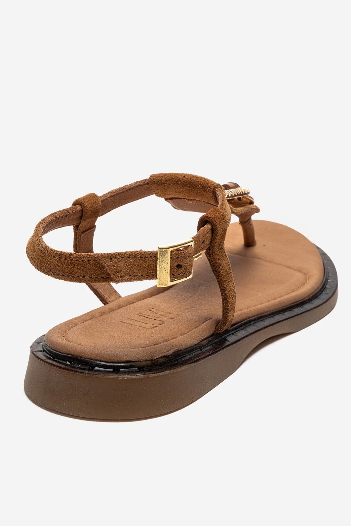 TIANA - Cognac Genuine Leather Buckled Toe-Post Sandal – back view showing leather, Vowalisse