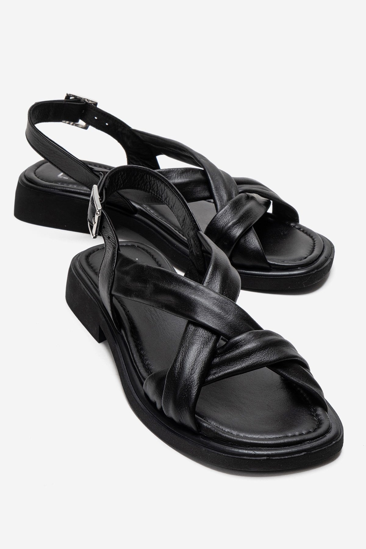 FRAND - Black Genuine Leather Crisscross Strap Sandal – front three-quarter view showing leather, black, Vowalisse
