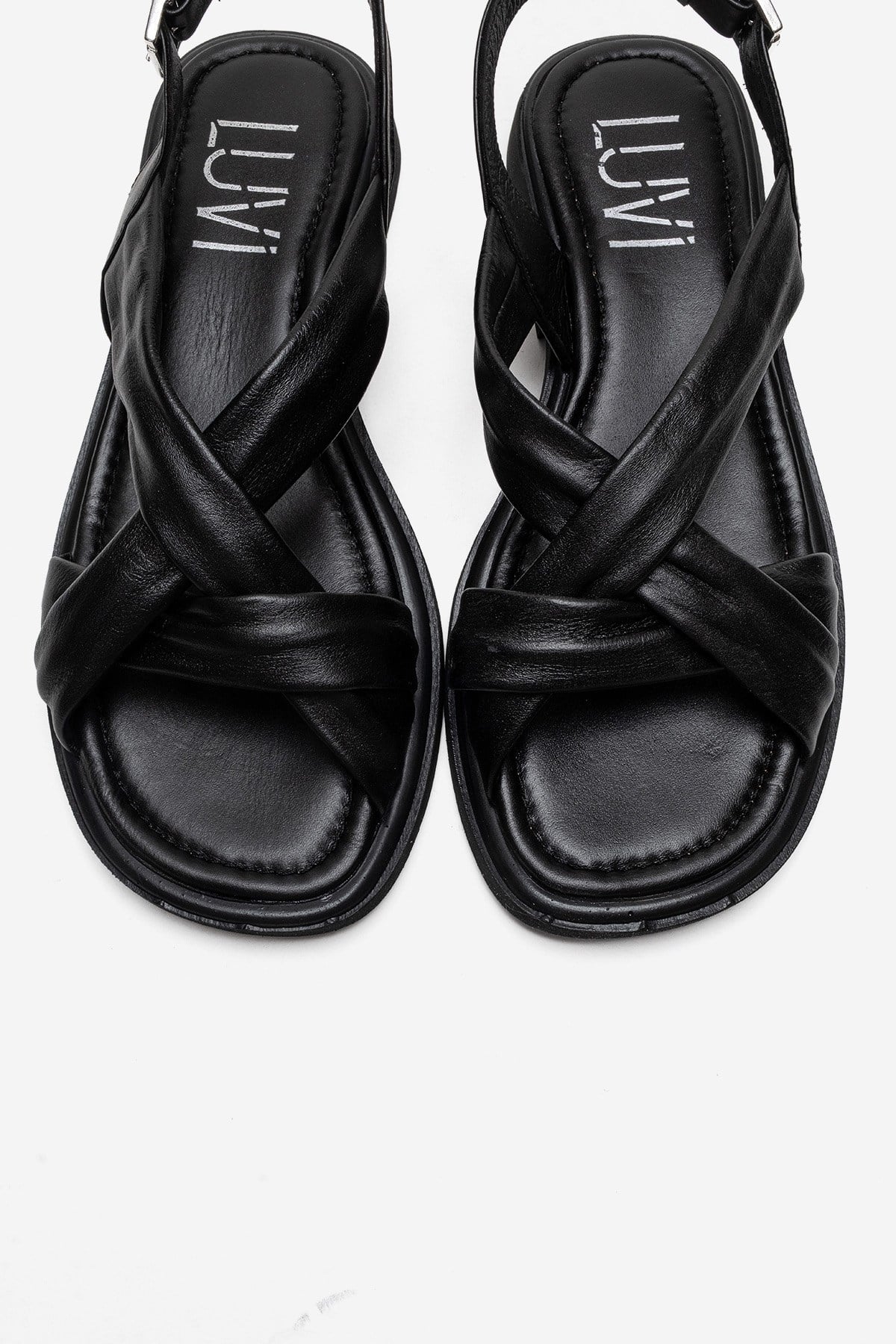 FRAND - Black Genuine Leather Crisscross Strap Sandal – side view showing leather, black, Vowalisse