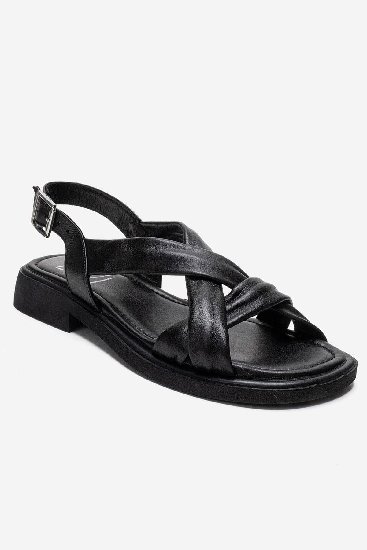 FRAND - Black Genuine Leather Crisscross Strap Sandal – detail view showing leather, black, Vowalisse