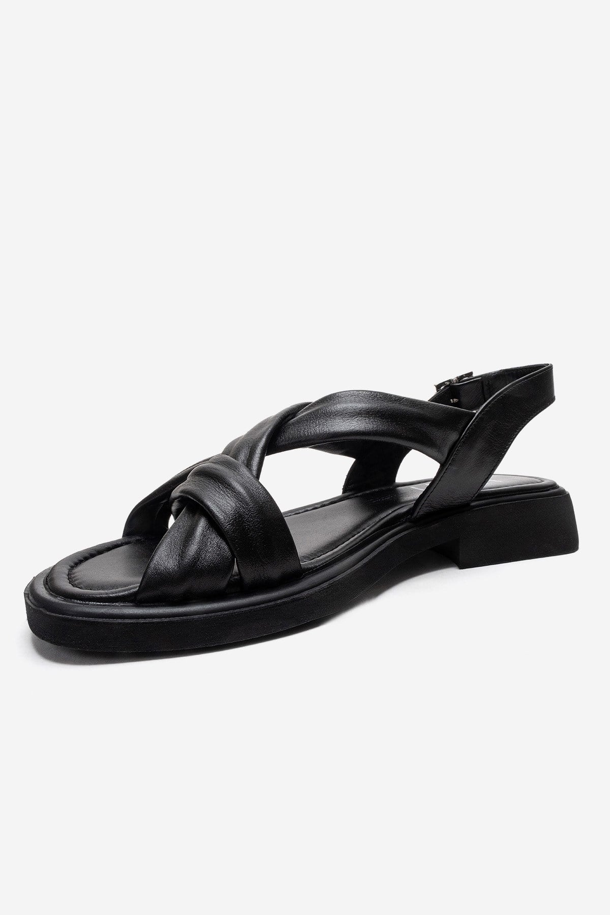 FRAND - Black Genuine Leather Crisscross Strap Sandal – top view showing leather, black, Vowalisse