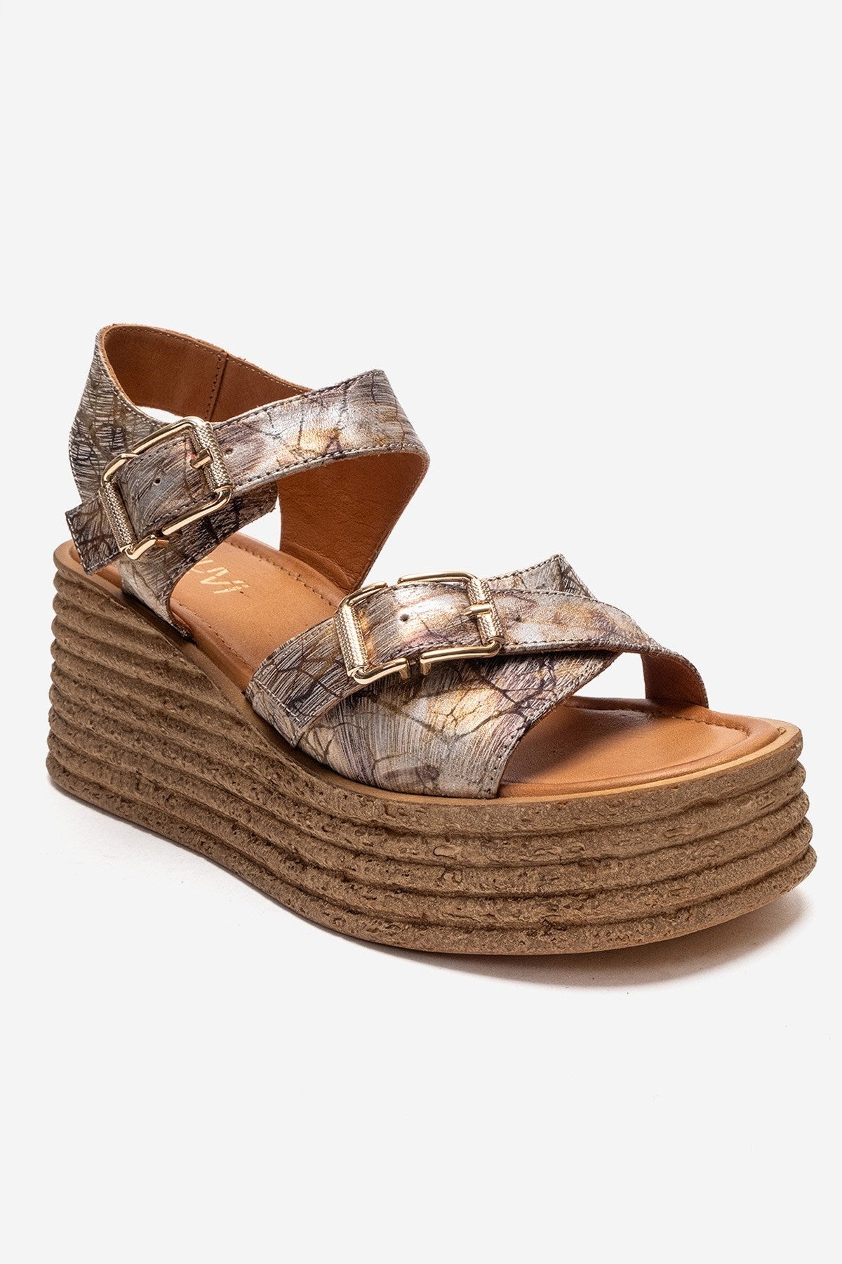 MIRETTE - Gold Genuine Leather Platform Sandal – detail view showing leather, gold, Vowalisse
