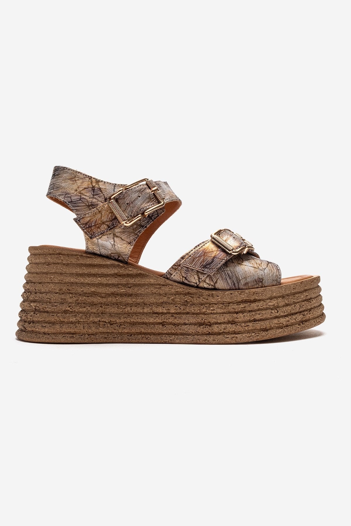 MIRETTE - Gold Genuine Leather Platform Sandal – heel view showing leather, gold, Vowalisse
