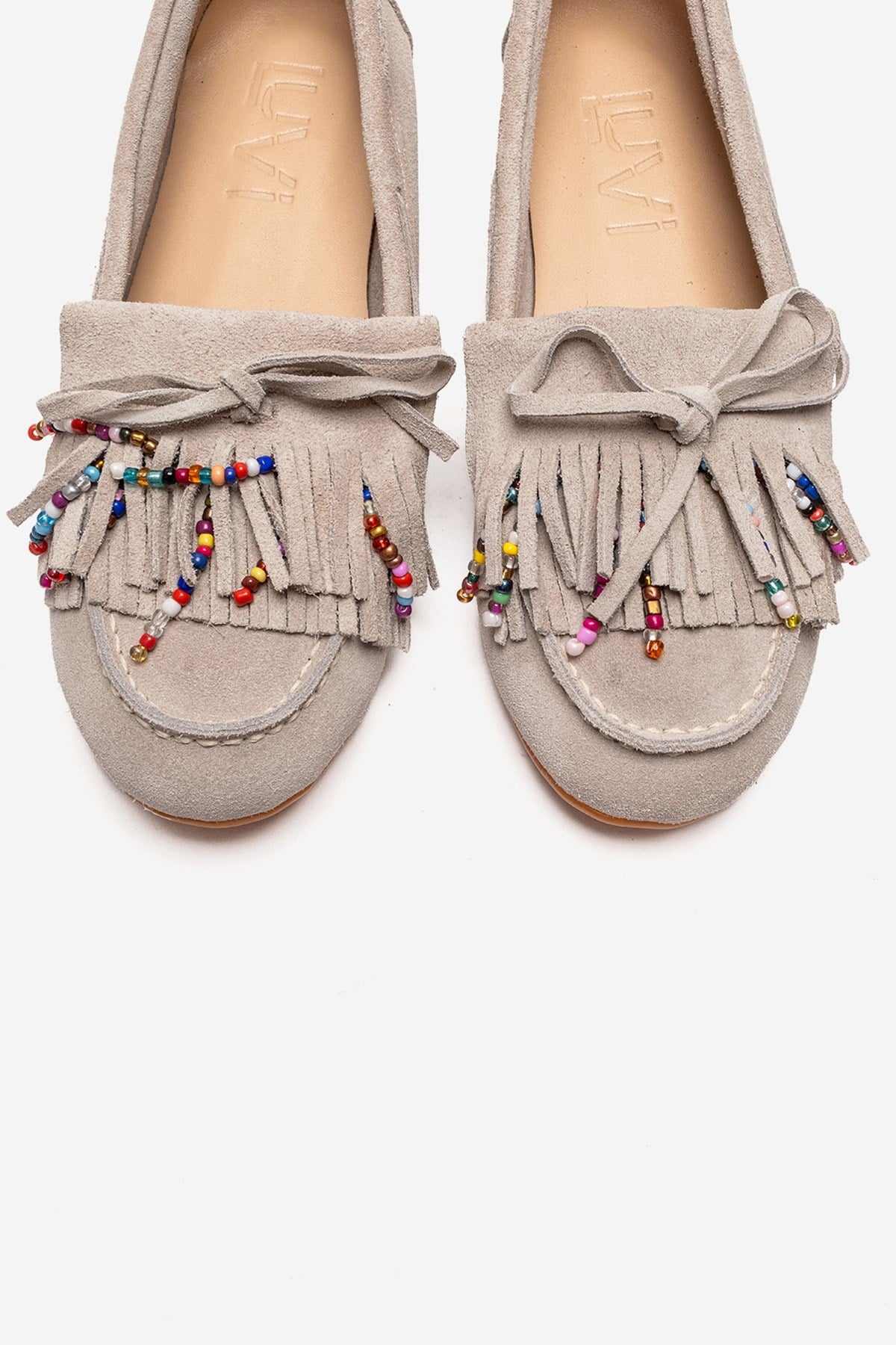 EVELYN - Beige Genuine Suede Leather Loafer – side view showing leather, suede, Vowalisse