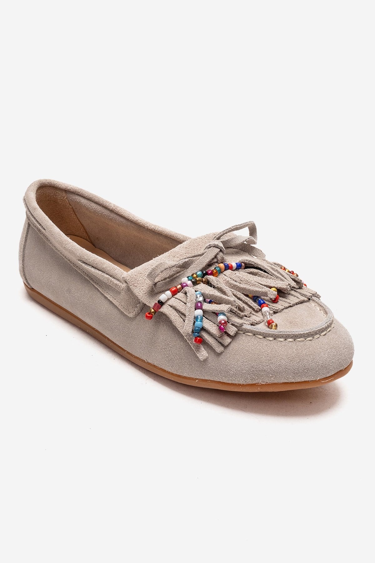 EVELYN - Beige Genuine Suede Leather Loafer – detail view showing leather, suede, Vowalisse