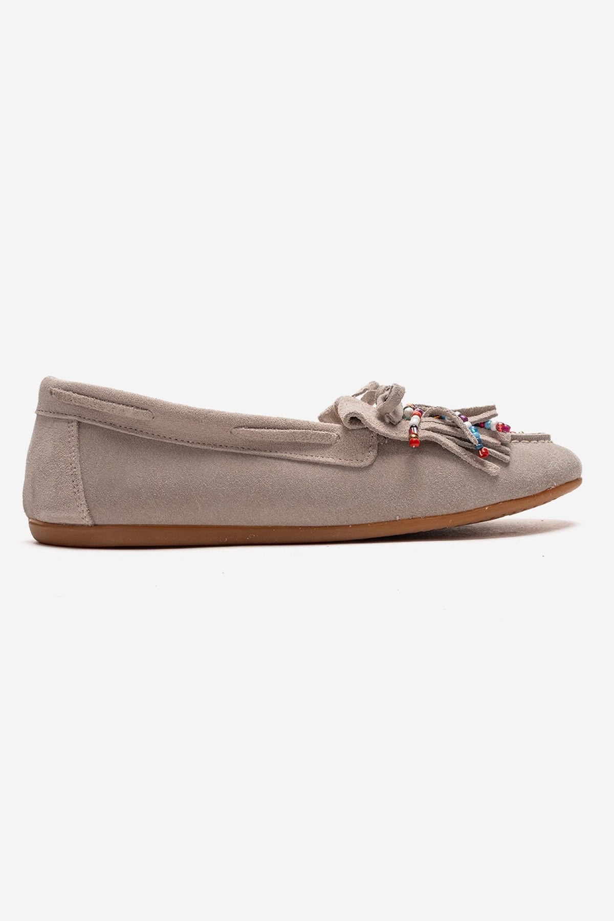 EVELYN - Beige Genuine Suede Leather Loafer – heel view showing leather, suede, Vowalisse