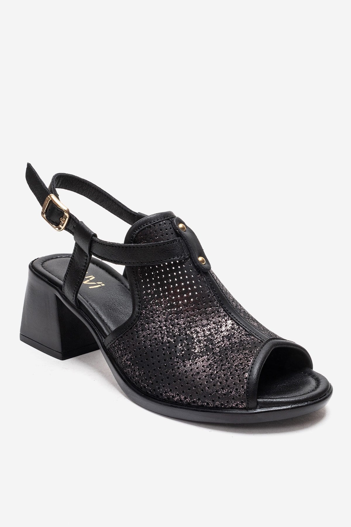 JANELLE - Black Genuine Leather Block Heel Sandal – front three-quarter view showing leather, black, Vowalisse