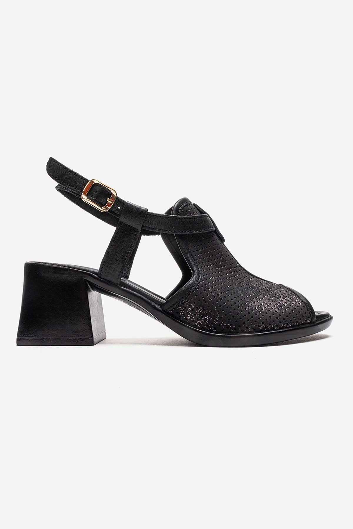 JANELLE - Black Genuine Leather Block Heel Sandal – detail view showing leather, black, Vowalisse