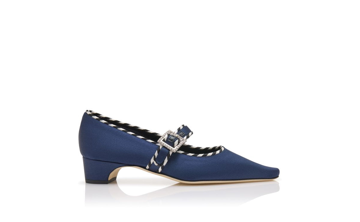 Clarisse Jewel Blue Crystal Embellished Mary Jane Shoes – side profile showing blue crystal embellished, almond toe, satin…