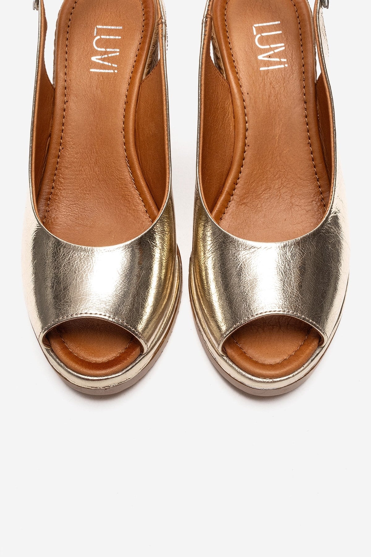 HELINA - Gold Genuine Leather Wedge Sandal – side view showing leather, gold, Vowalisse