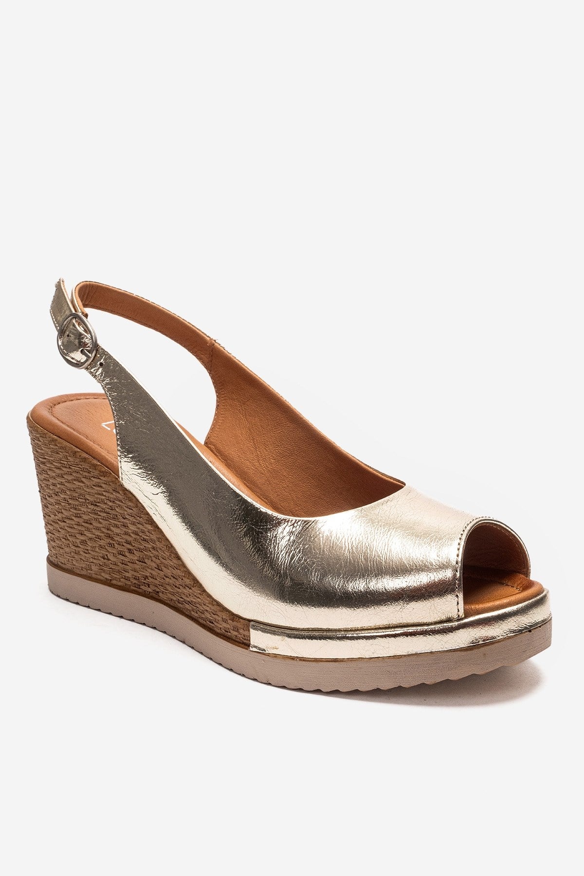 HELINA - Gold Genuine Leather Wedge Sandal – detail view showing leather, gold, Vowalisse