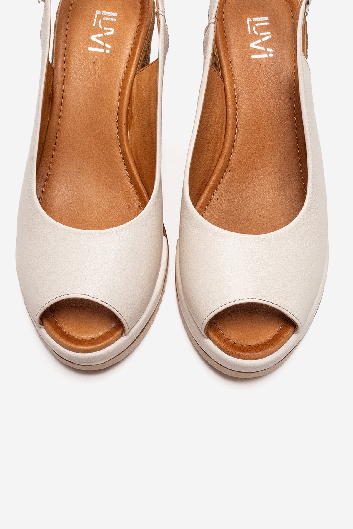 HELINA - Beige Genuine Leather Wedge Sandal – side view showing leather, Vowalisse
