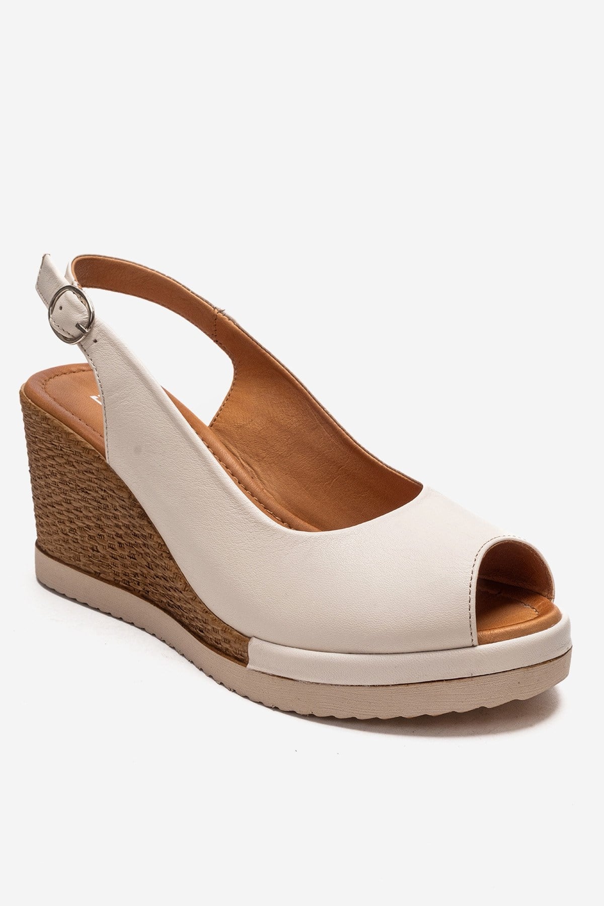 HELINA - Beige Genuine Leather Wedge Sandal – detail view showing leather, Vowalisse