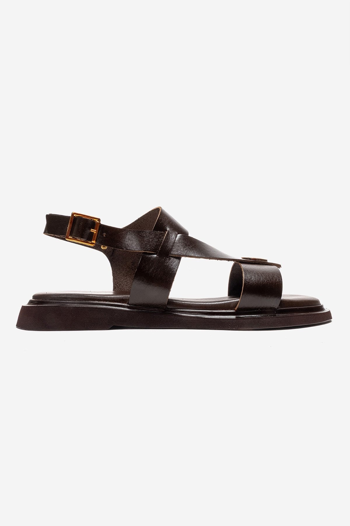 QUELLA - Brown Genuine Leather Buckle Sandal – heel view showing leather, Vowalisse