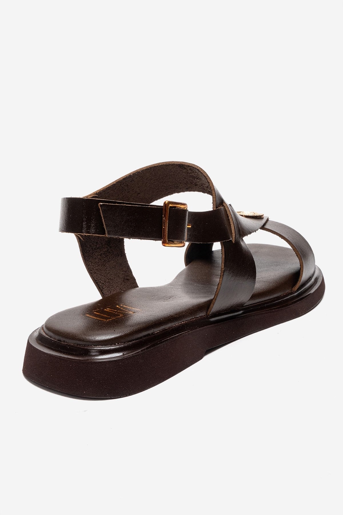 QUELLA - Brown Genuine Leather Buckle Sandal – back view showing leather, Vowalisse