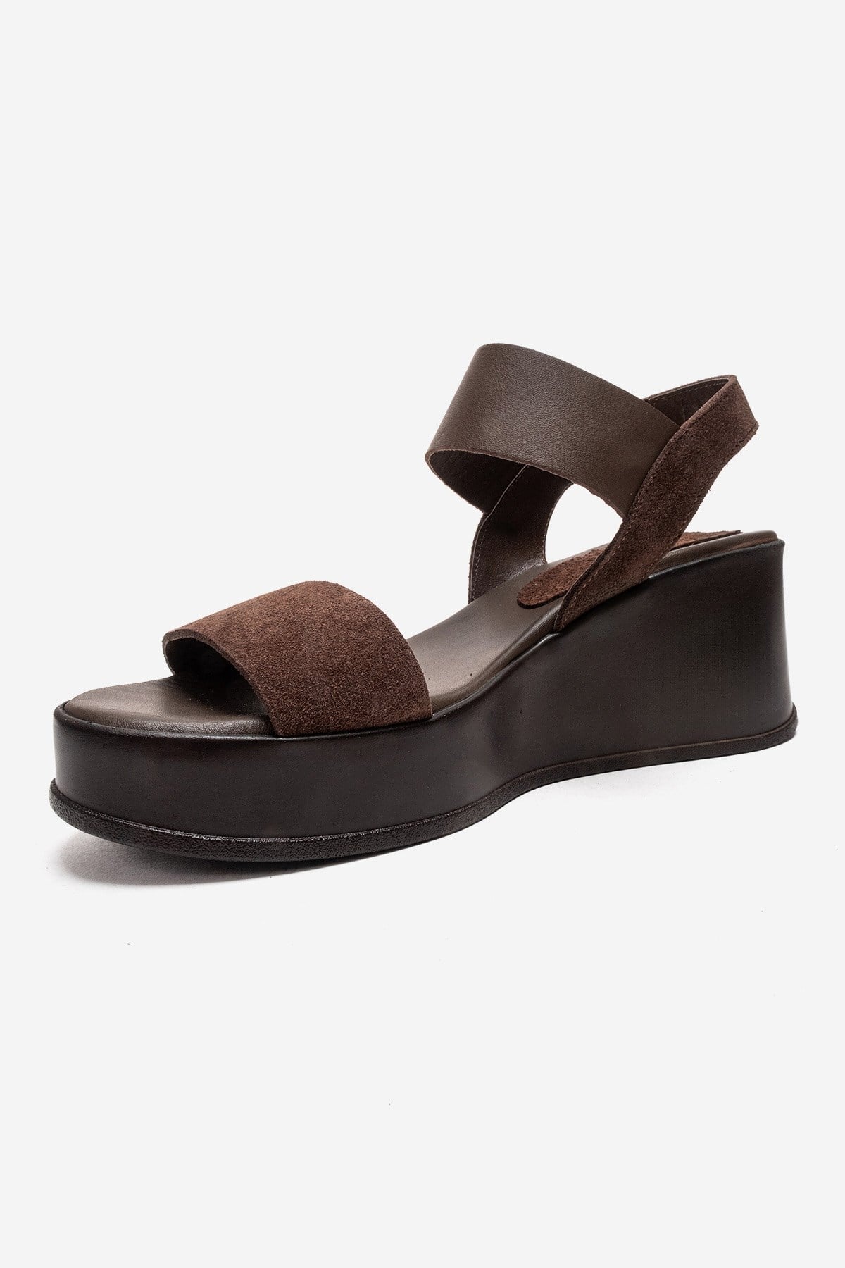 LOLANTHE - Brown Genuine Leather Wedge Sandal – top view showing leather, suede, Vowalisse