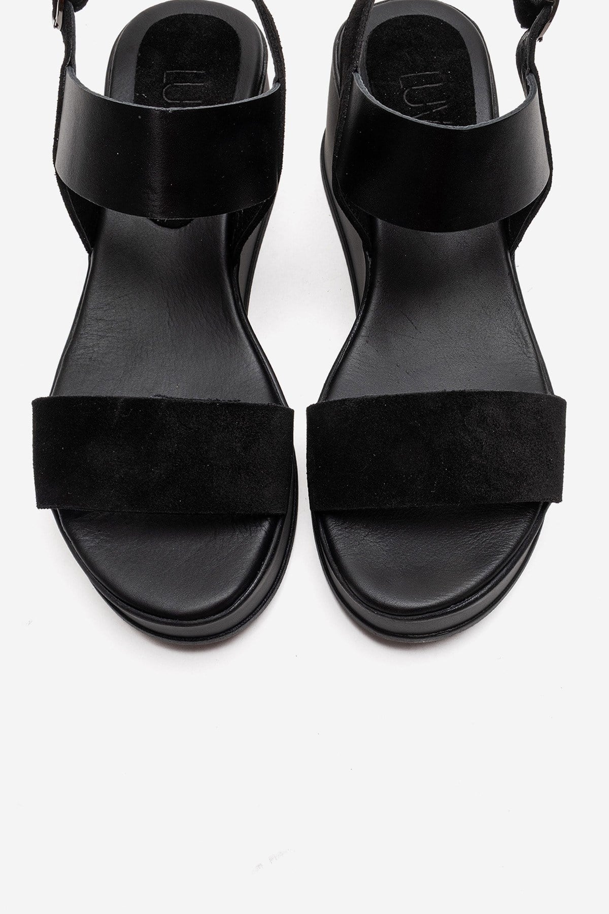 LOLANTHE - Black Genuine Leather Wedge Heel Sandal – side view showing leather, suede, black, Vowalisse